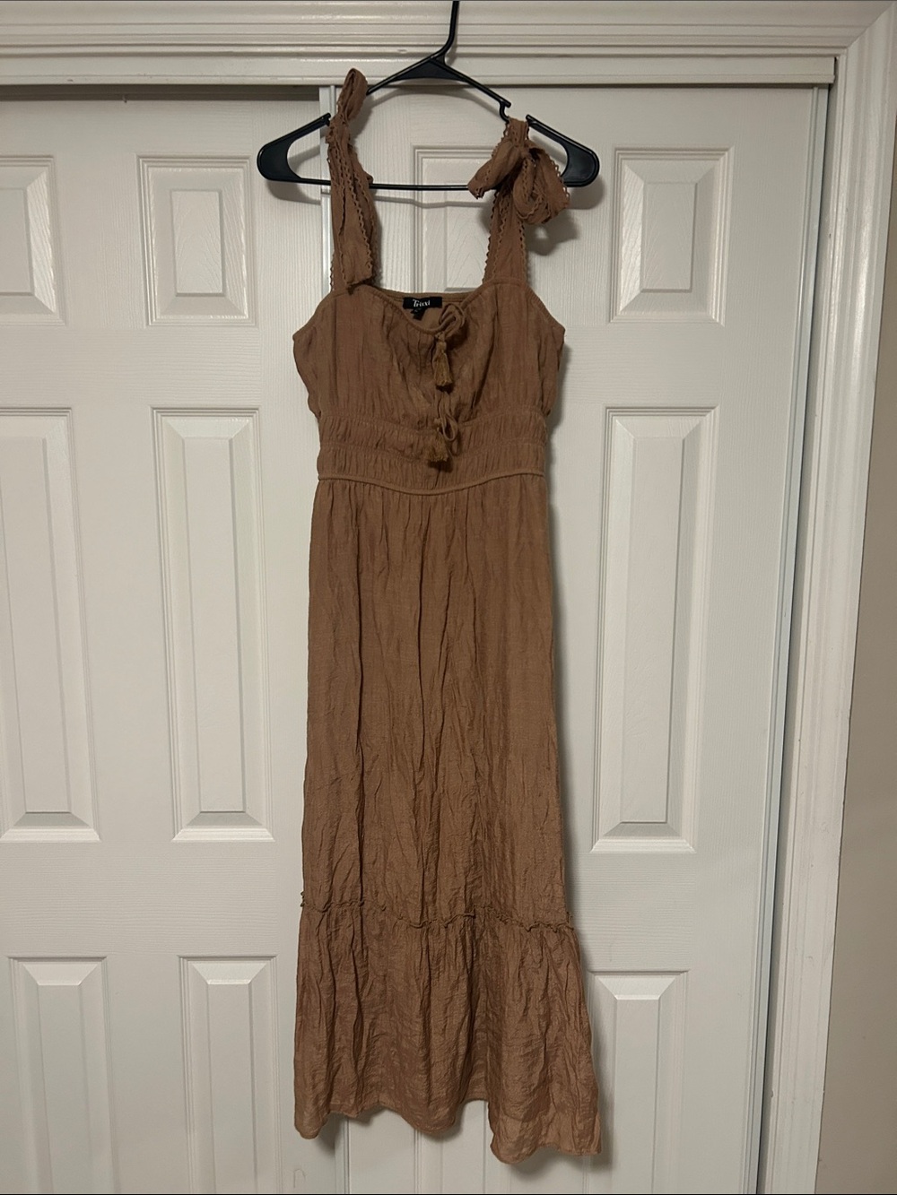 Trixxi Tan Brown Tie-Front Smocked Maxi Dress